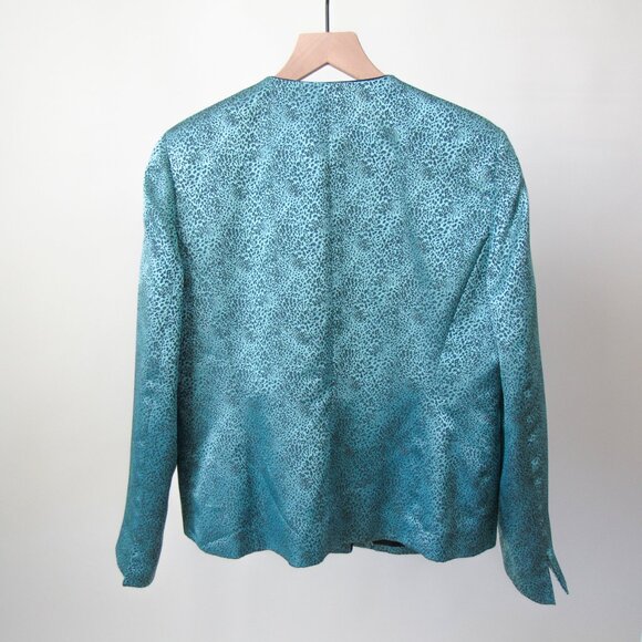 VINTAGE KASPER TEAL LEOPARD ANIMAL PRINT SATIN BLAZER JACKET Size-10 petite - Picture 7 of 9